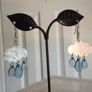 Hand Crafted  Cloud And Raindrops Earrings White Blue  Pierced